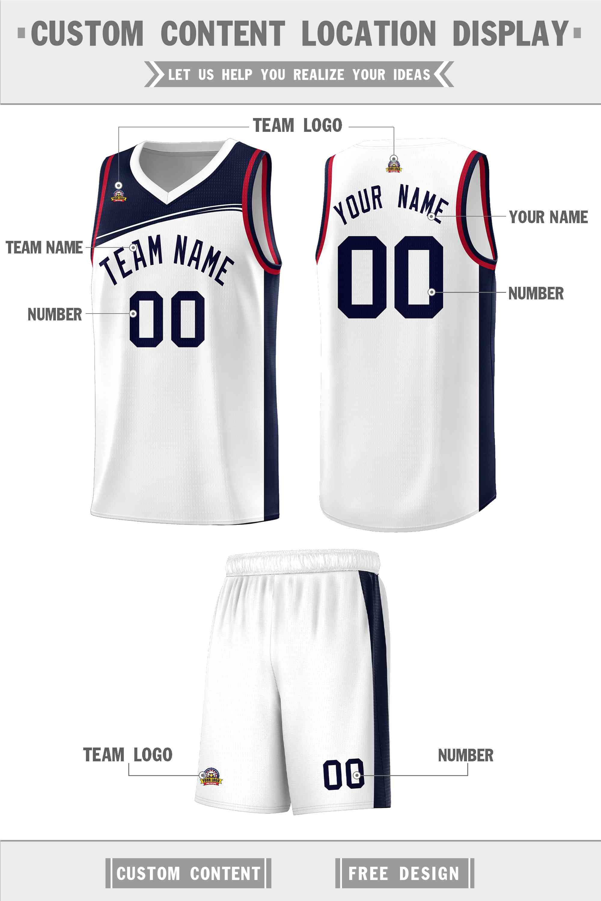 Custom White Navy Color Block Sports Uniform Basketball Jersey