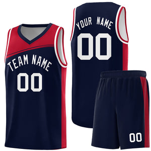 Custom Navy Red-White Color Block Sports Uniform Basketball Jersey