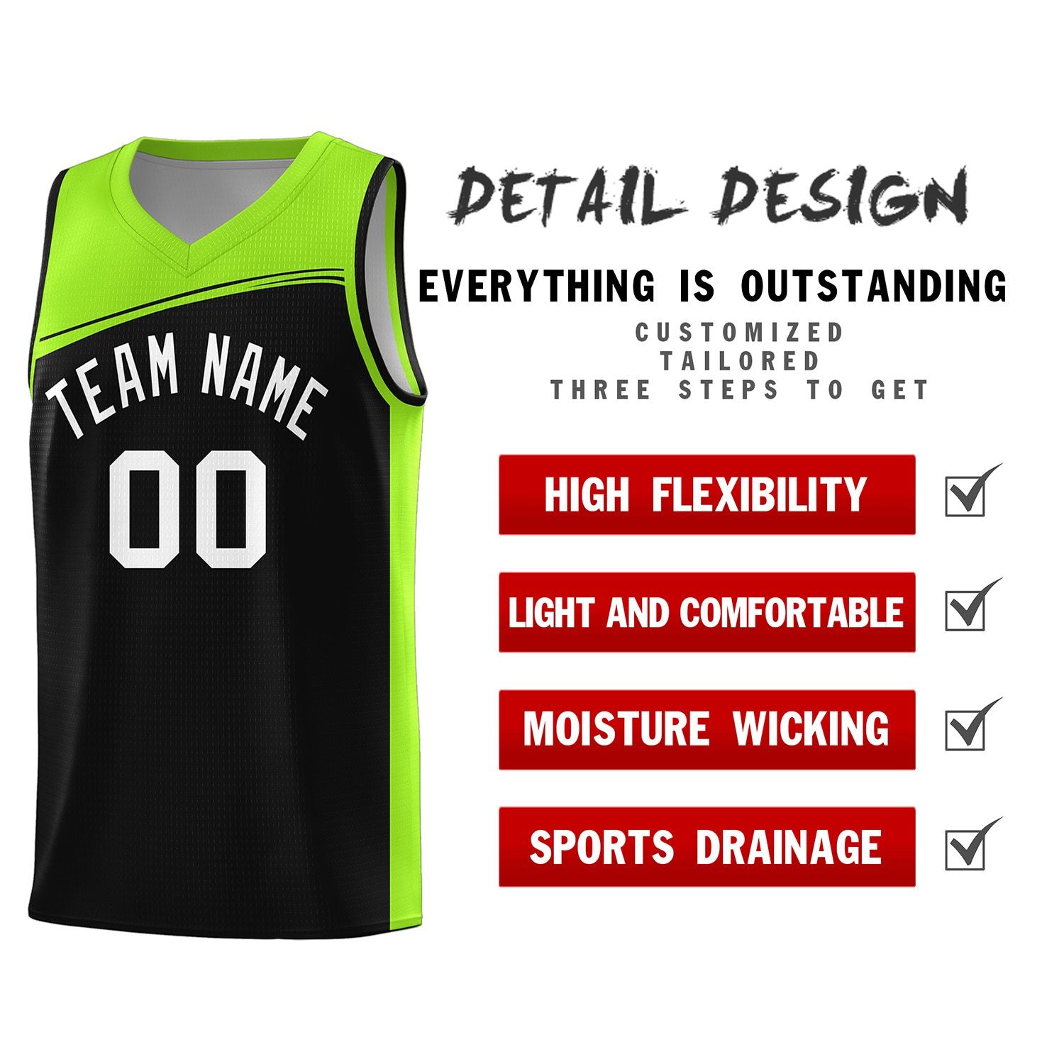 Custom Black Neon Green-White Color Block Sports Uniform Basketball Jersey