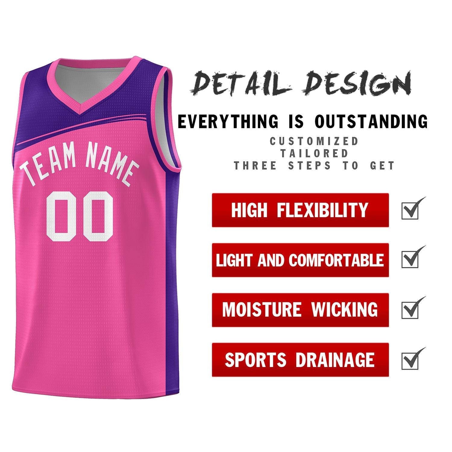 Custom Pink Purple-White Color Block Sports Uniform Basketball Jersey