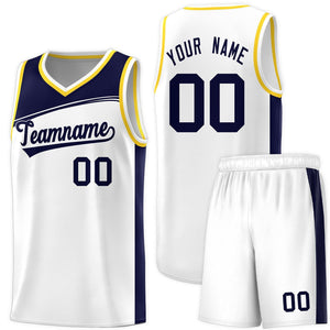 Custom White Navy-Black Color Block Sports Uniform Basketball Jersey