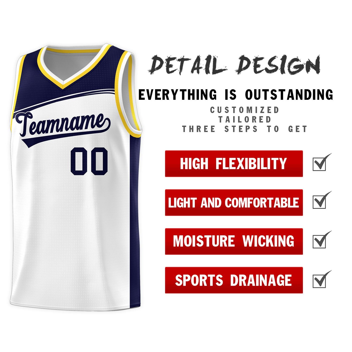 Custom White Navy-Black Color Block Sports Uniform Basketball Jersey