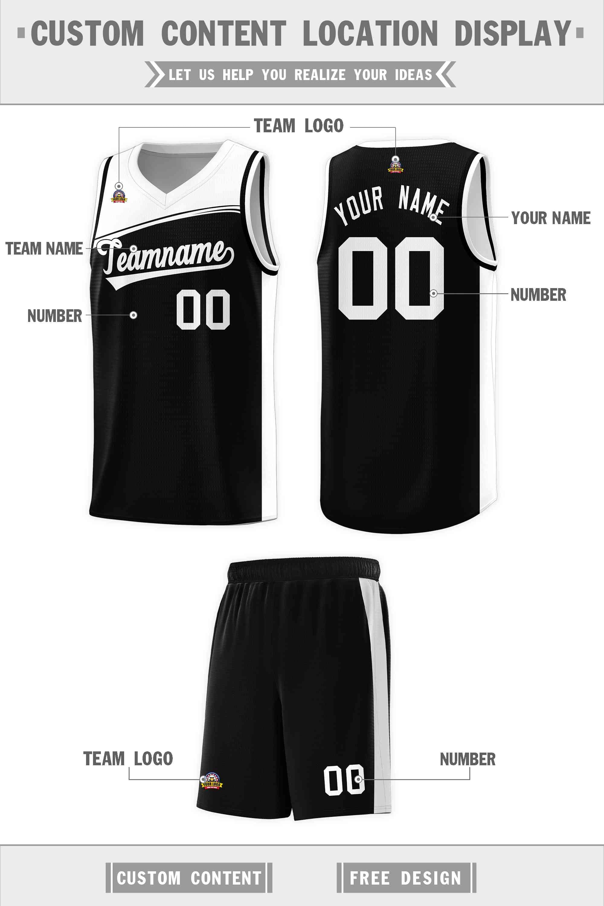 Custom Black White Color Block Sports Uniform Basketball Jersey