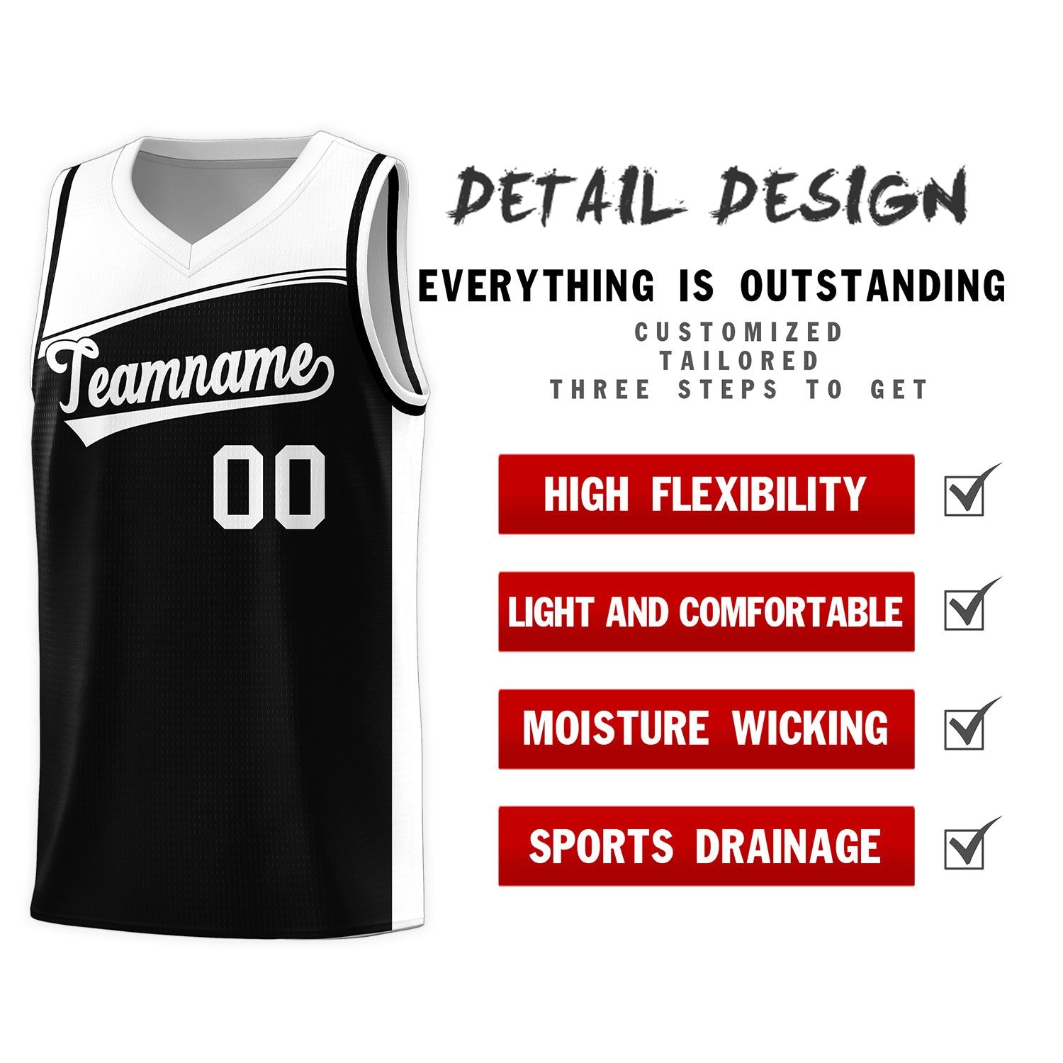 Custom Black White Color Block Sports Uniform Basketball Jersey