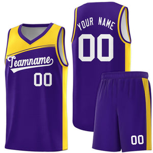 Custom Purple Yellow-White Color Block Sports Uniform Basketball Jersey