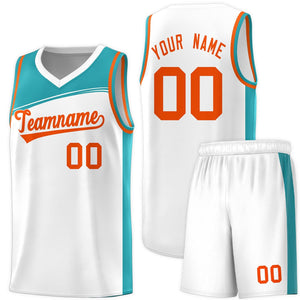 Custom White Aqua-Orange Color Block Sports Uniform Basketball Jersey