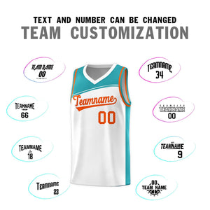 Custom White Aqua-Orange Color Block Sports Uniform Basketball Jersey