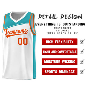 Custom White Aqua-Orange Color Block Sports Uniform Basketball Jersey