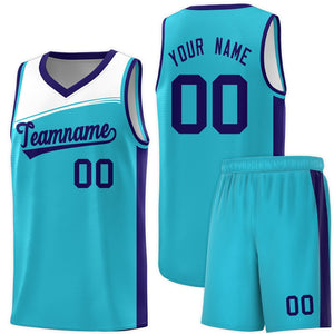 Custom Sky Blue White-Purple Color Block Sports Uniform Basketball Jersey