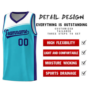 Custom Sky Blue White-Purple Color Block Sports Uniform Basketball Jersey