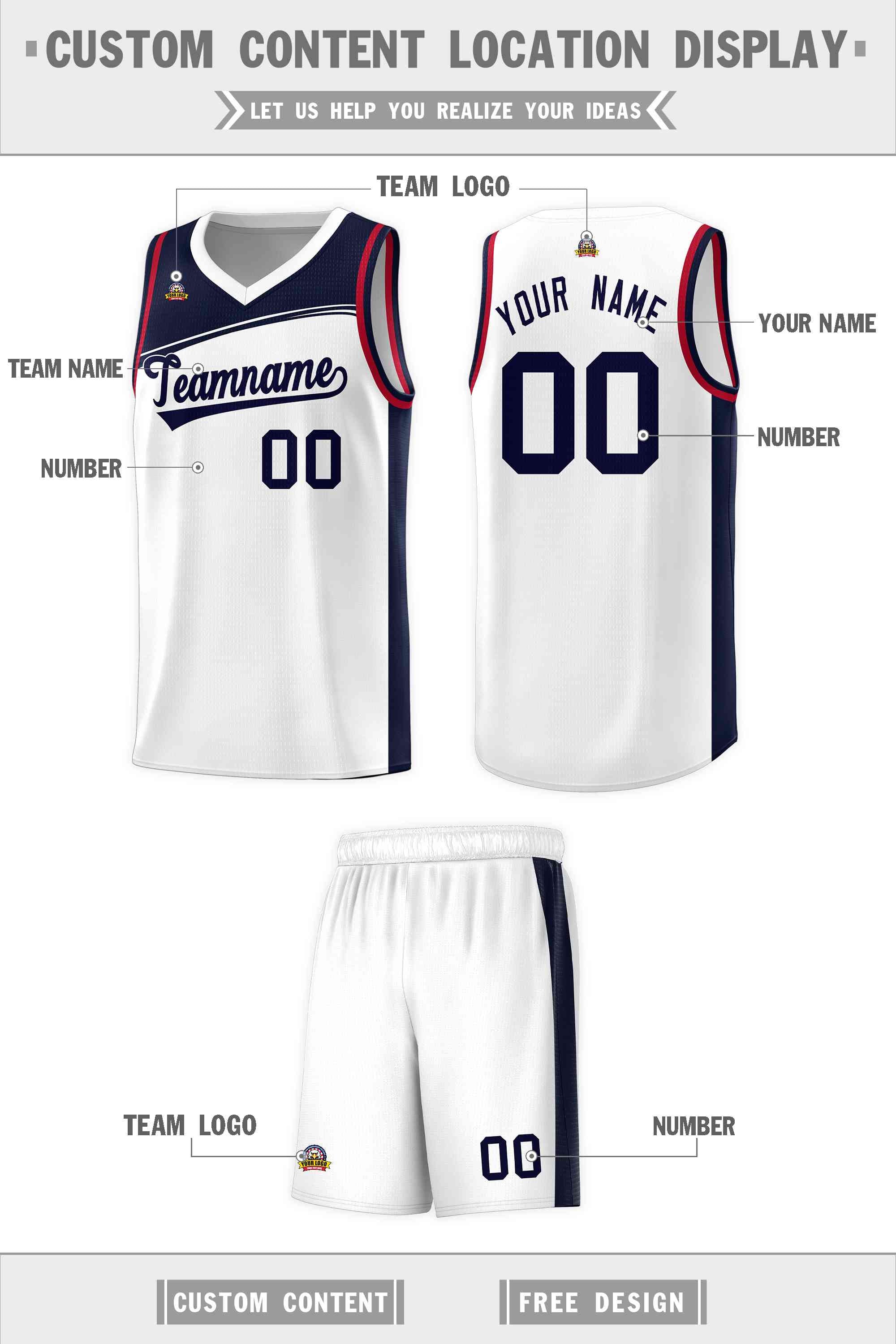 Custom White Navy Color Block Sports Uniform Basketball Jersey