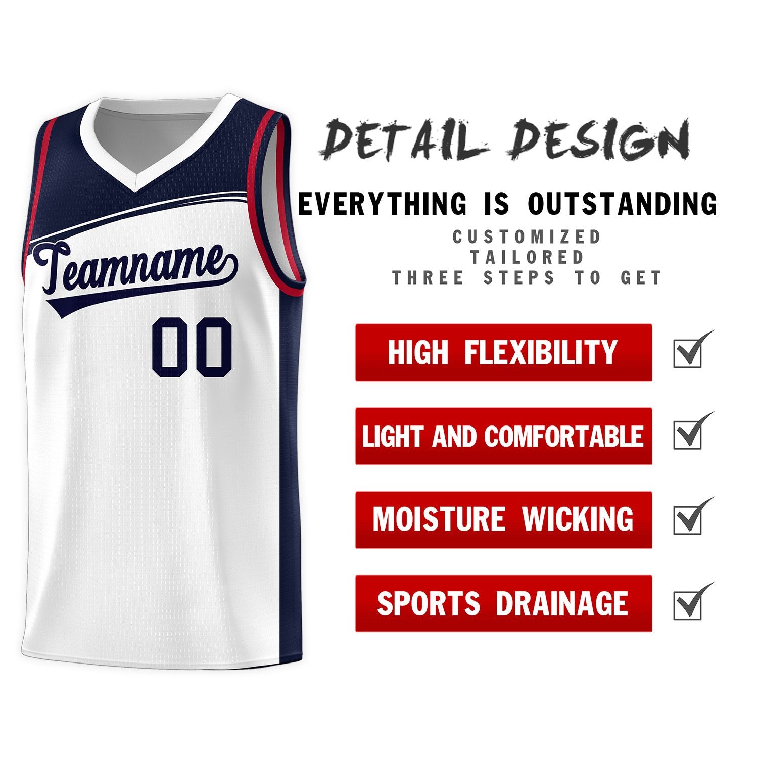 Custom White Navy Color Block Sports Uniform Basketball Jersey