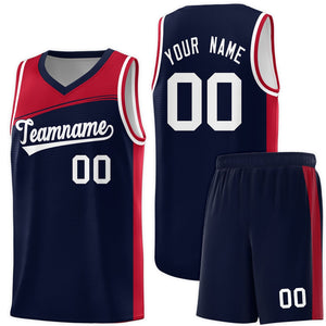 Custom Navy Red-White Color Block Sports Uniform Basketball Jersey