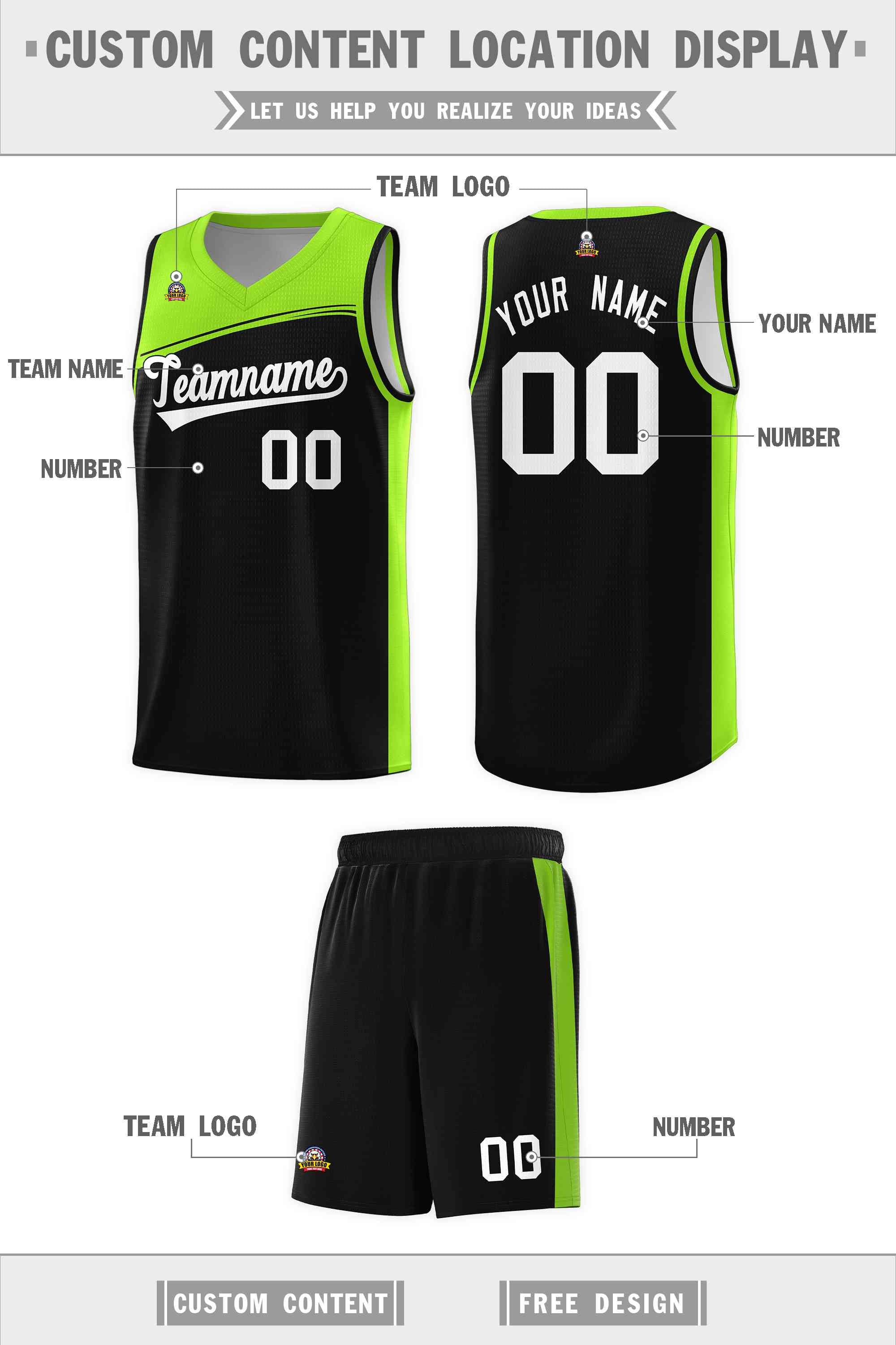 Custom Black Neon Green-White Color Block Sports Uniform Basketball Jersey