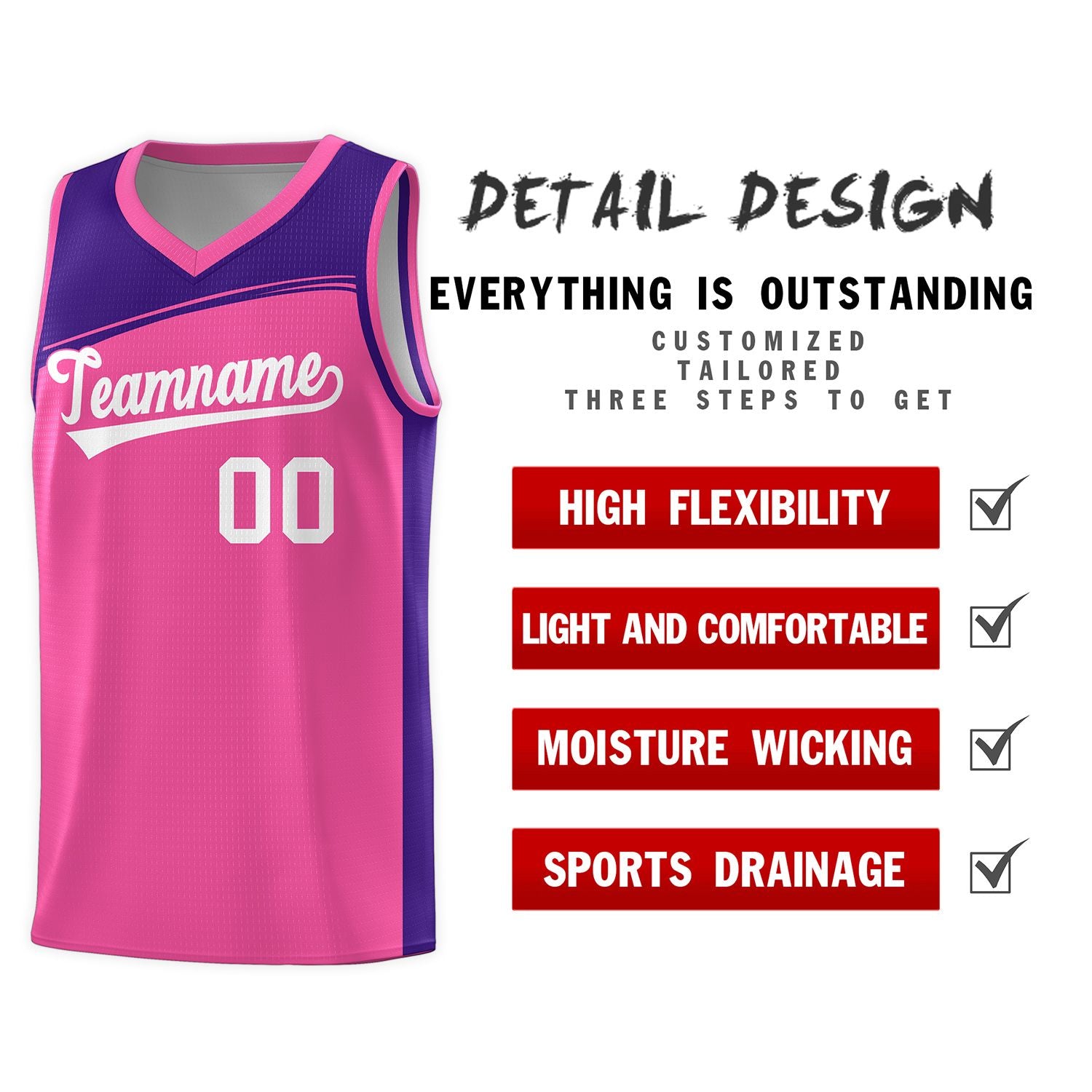 Custom Pink Purple-White Color Block Sports Uniform Basketball Jersey