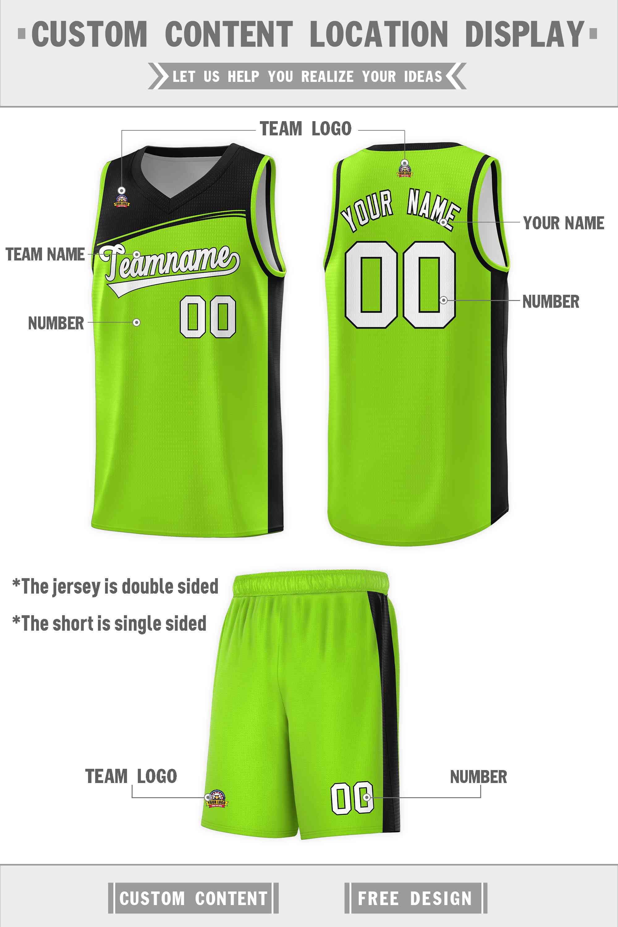 Custom Neon Green Black-White Color Block Sports Uniform Basketball Jersey