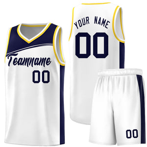 Custom White Navy-Black Color Block Sports Uniform Basketball Jersey