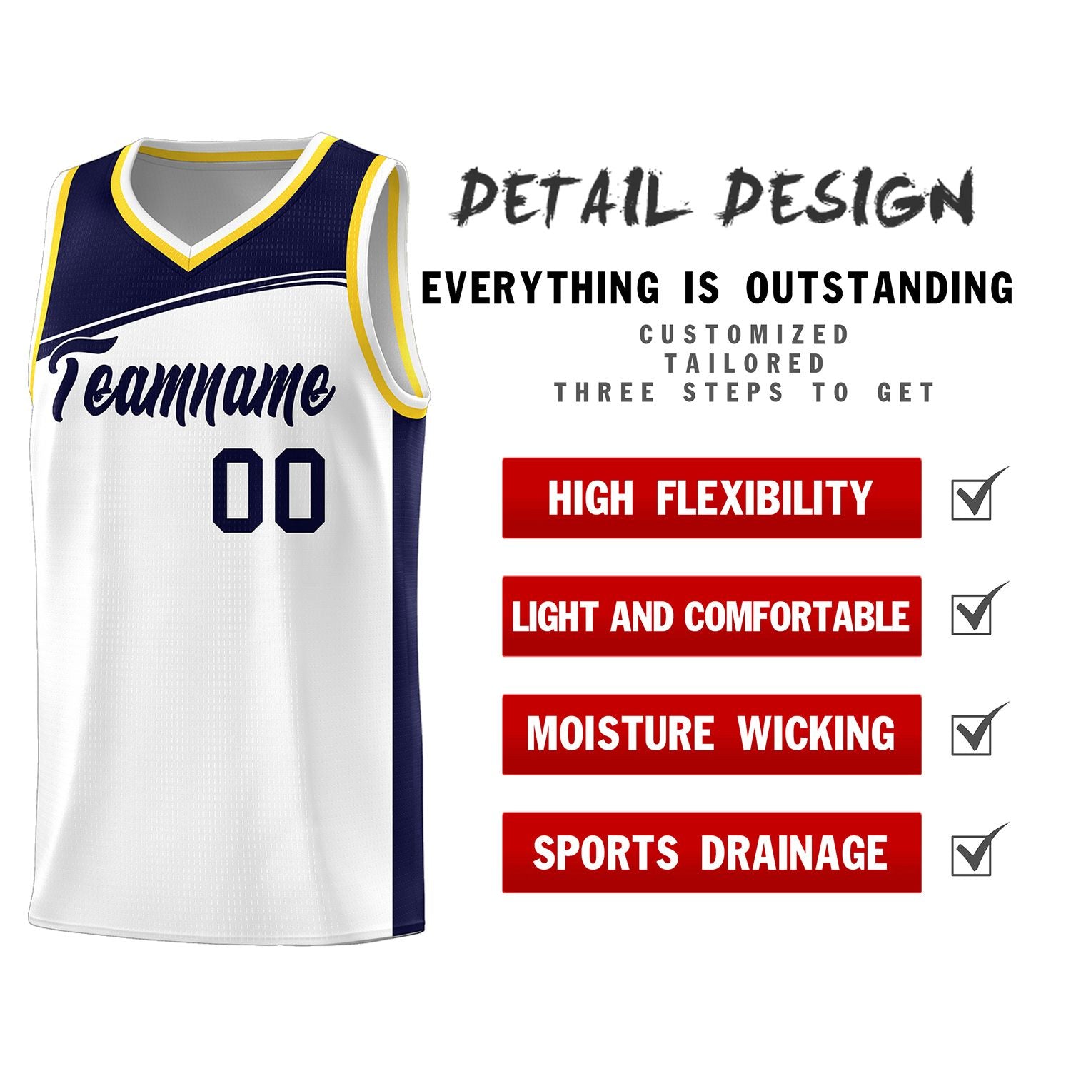 Custom White Navy-Black Color Block Sports Uniform Basketball Jersey