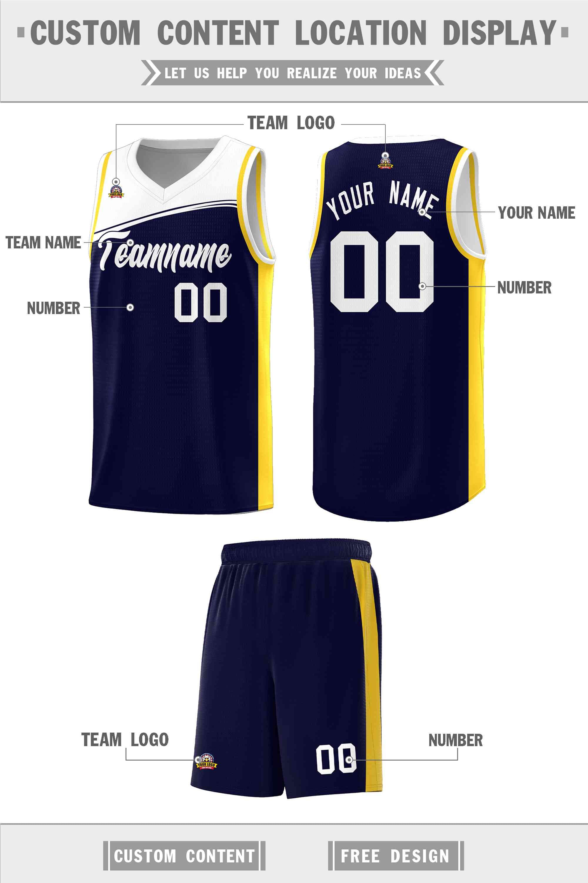 Custom Navy White Color Block Sports Uniform Basketball Jersey