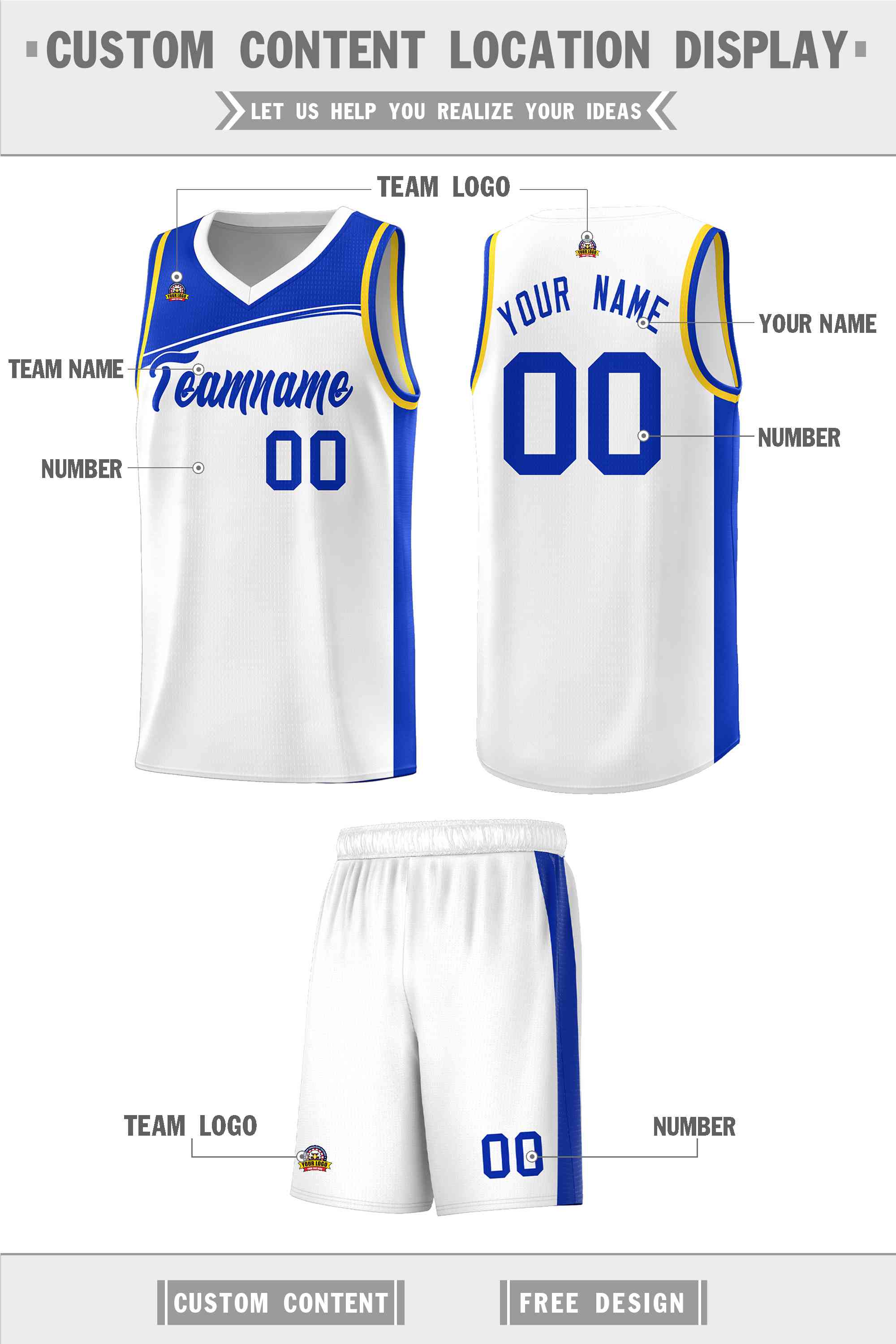 Custom White Royal Color Block Sports Uniform Basketball Jersey