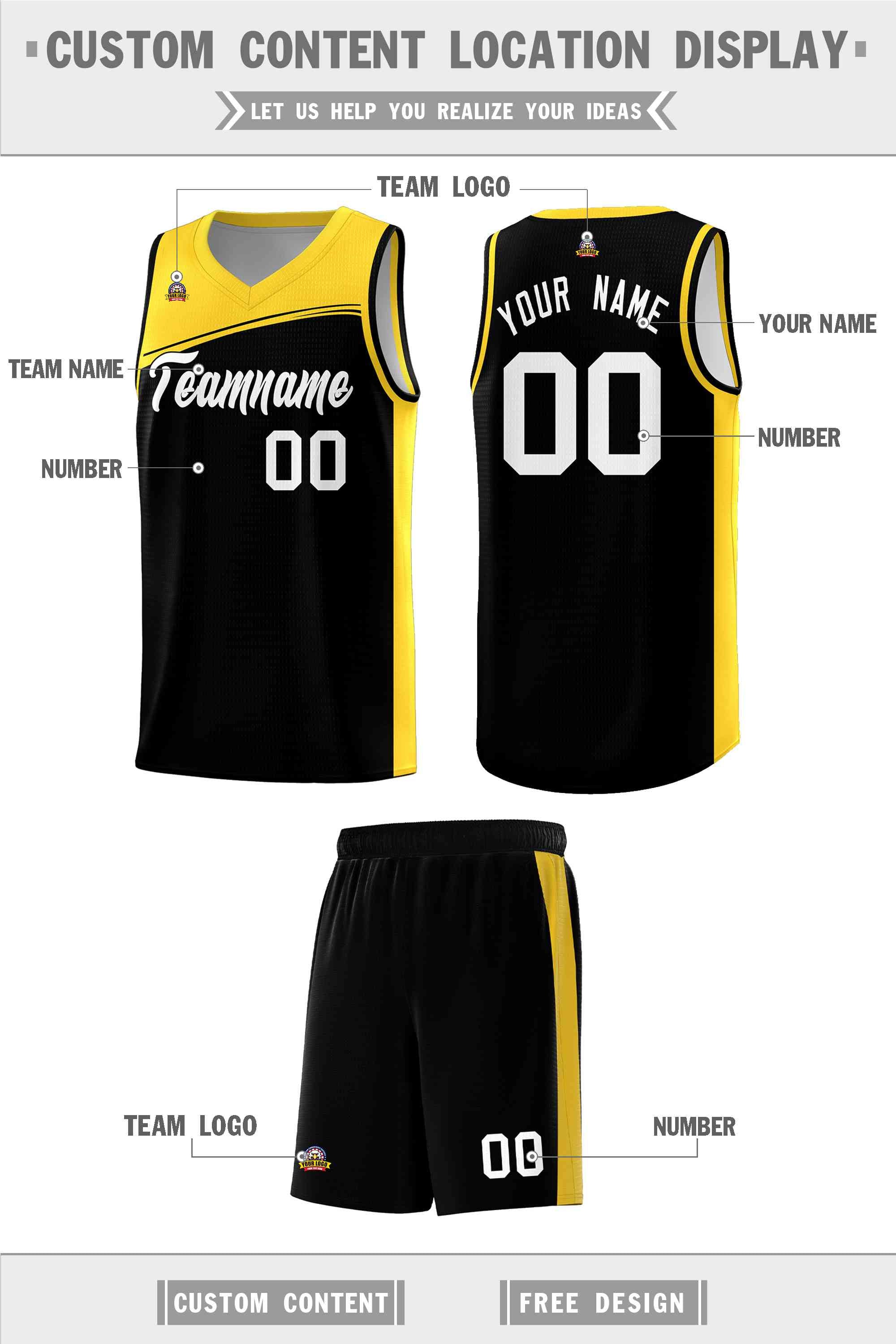 Custom Black Gold-White Color Block Sports Uniform Basketball Jersey