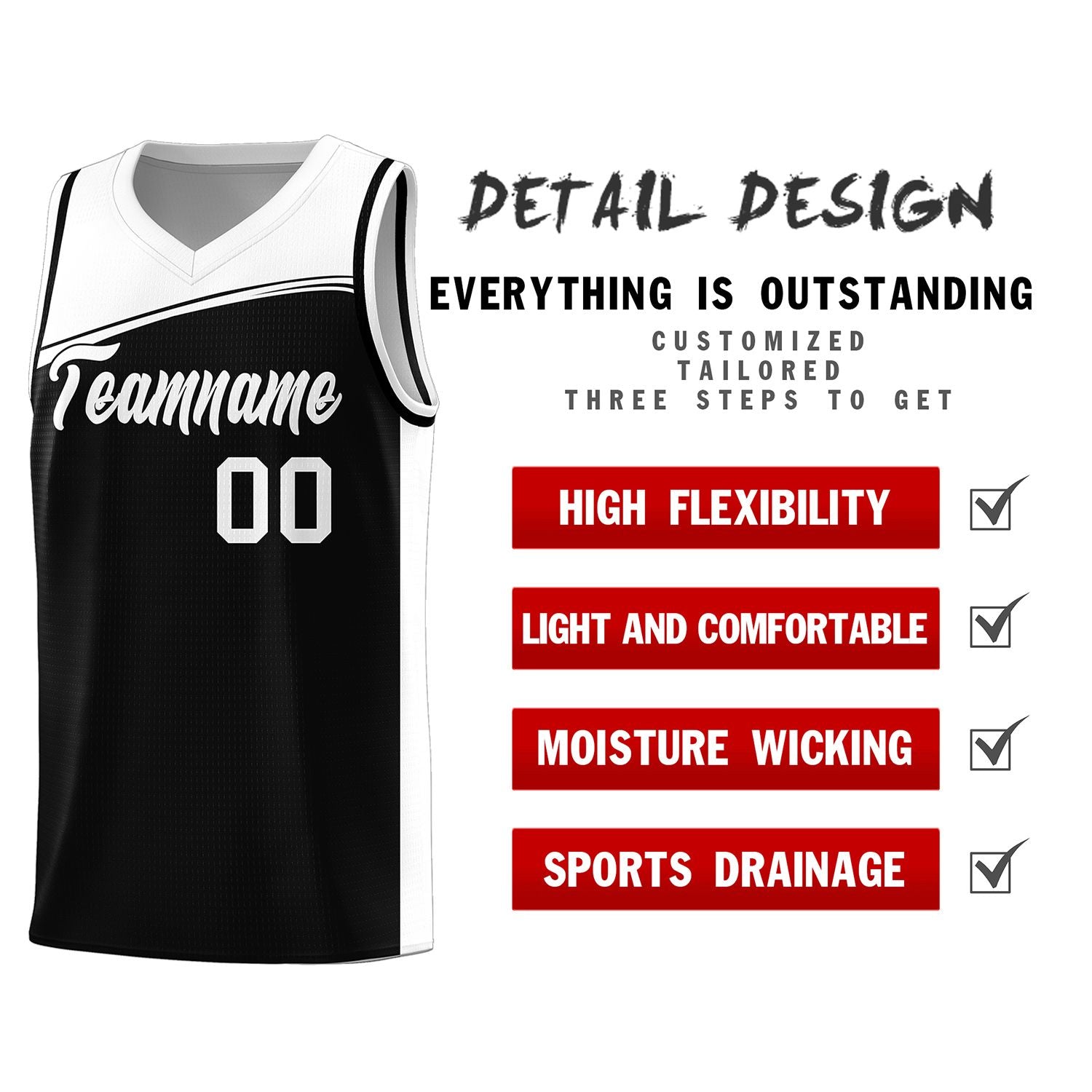 Custom Black White Color Block Sports Uniform Basketball Jersey