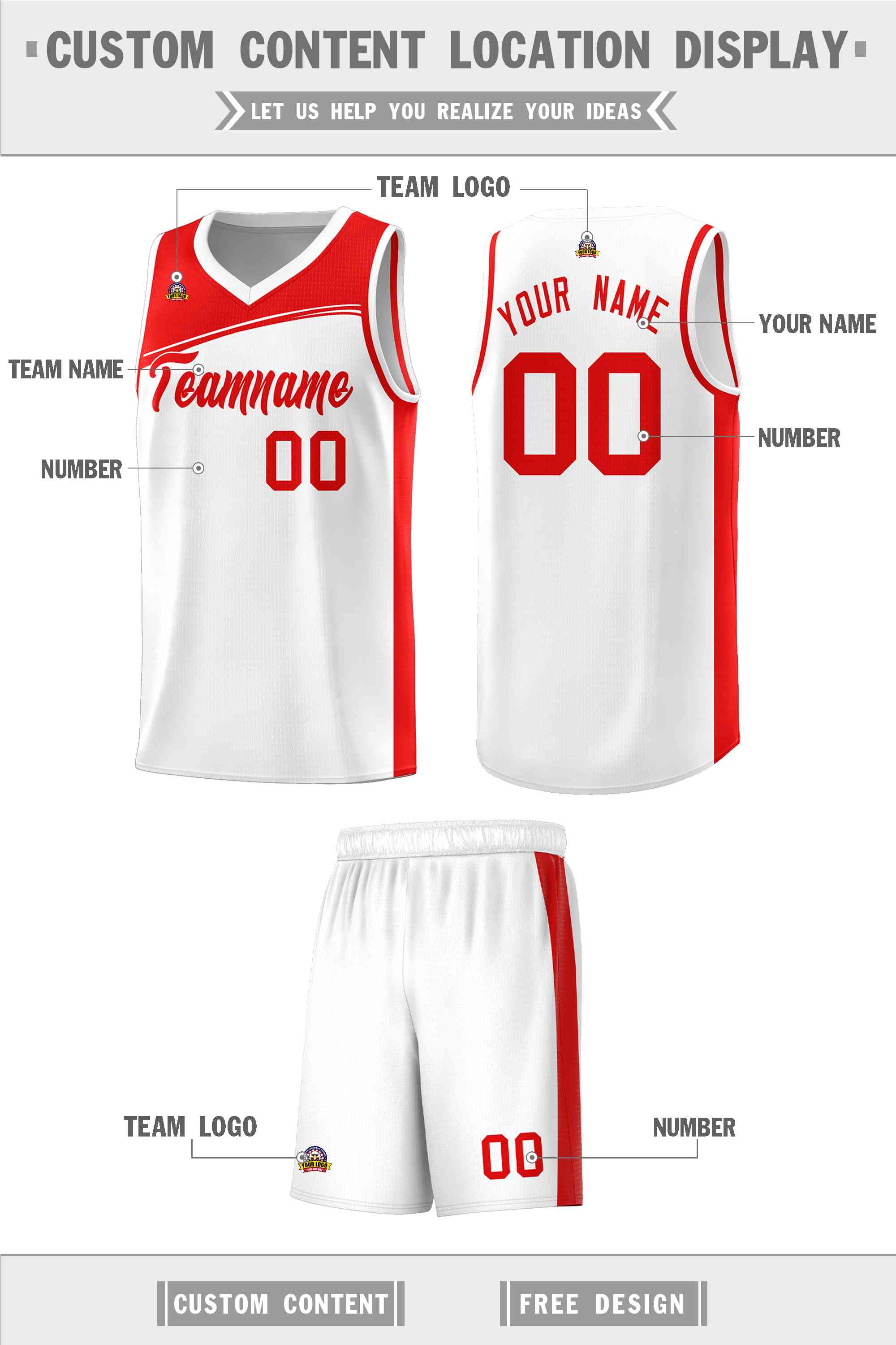 Custom White Red Color Block Sports Uniform Basketball Jersey