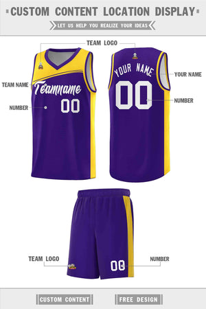 Custom Purple Yellow-White Color Block Sports Uniform Basketball Jersey