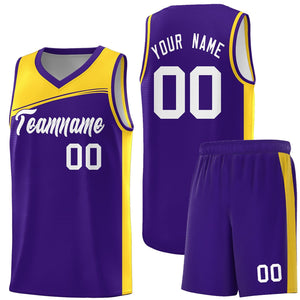 Custom Purple Yellow-White Color Block Sports Uniform Basketball Jersey