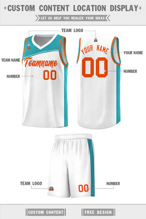 Custom White Aqua-Orange Color Block Sports Uniform Basketball Jersey