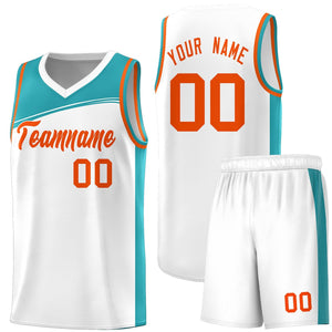 Custom White Aqua-Orange Color Block Sports Uniform Basketball Jersey