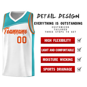 Custom White Aqua-Orange Color Block Sports Uniform Basketball Jersey