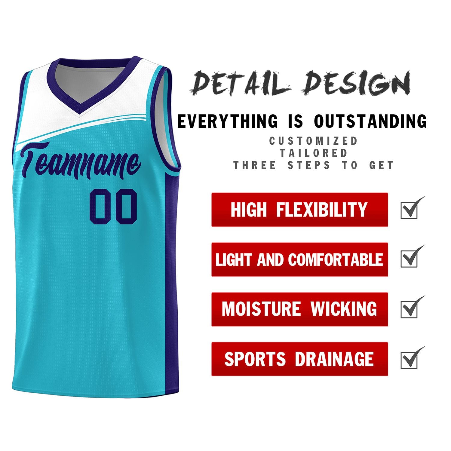 Custom Sky Blue White-Purple Color Block Sports Uniform Basketball Jersey