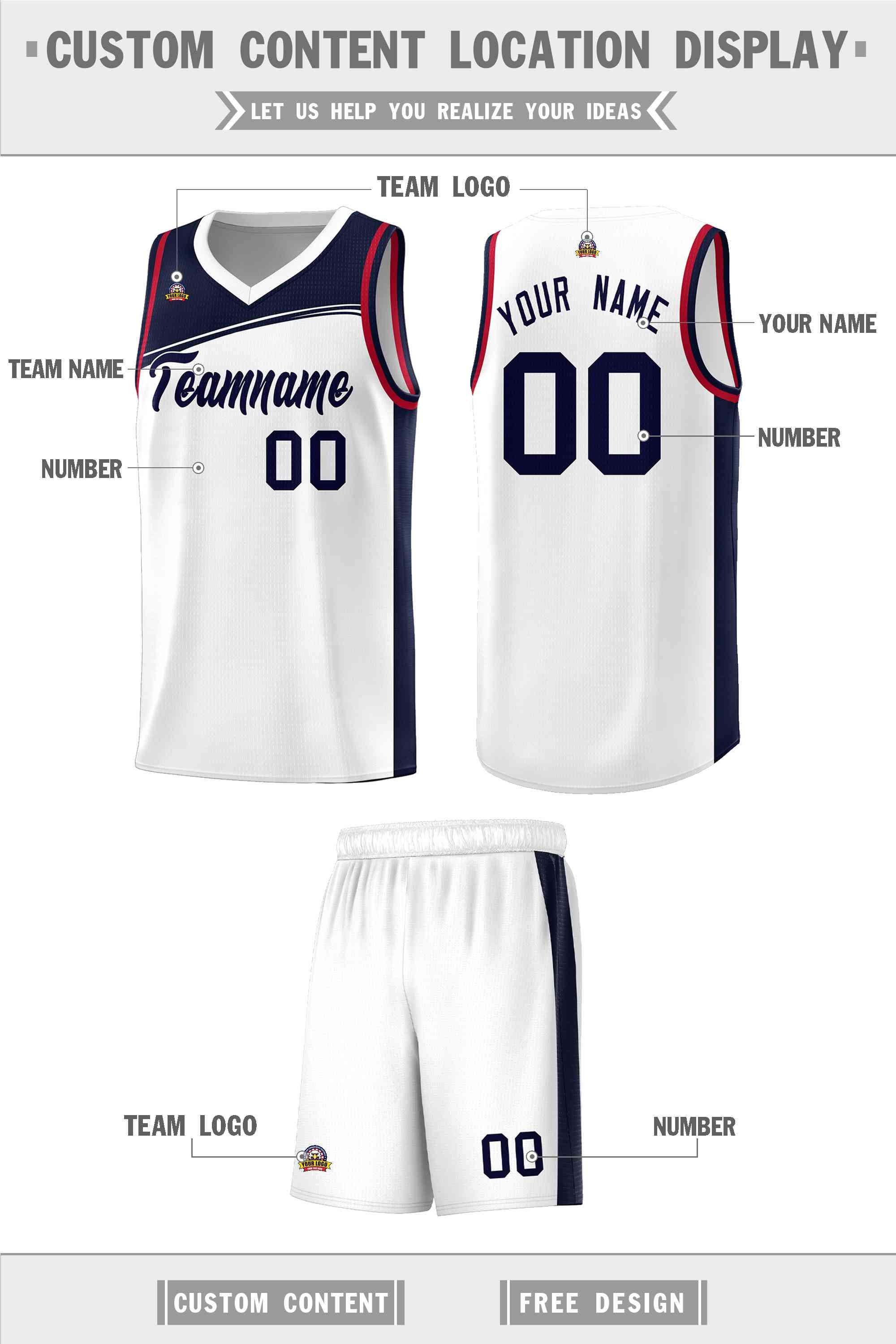 Custom White Navy Color Block Sports Uniform Basketball Jersey