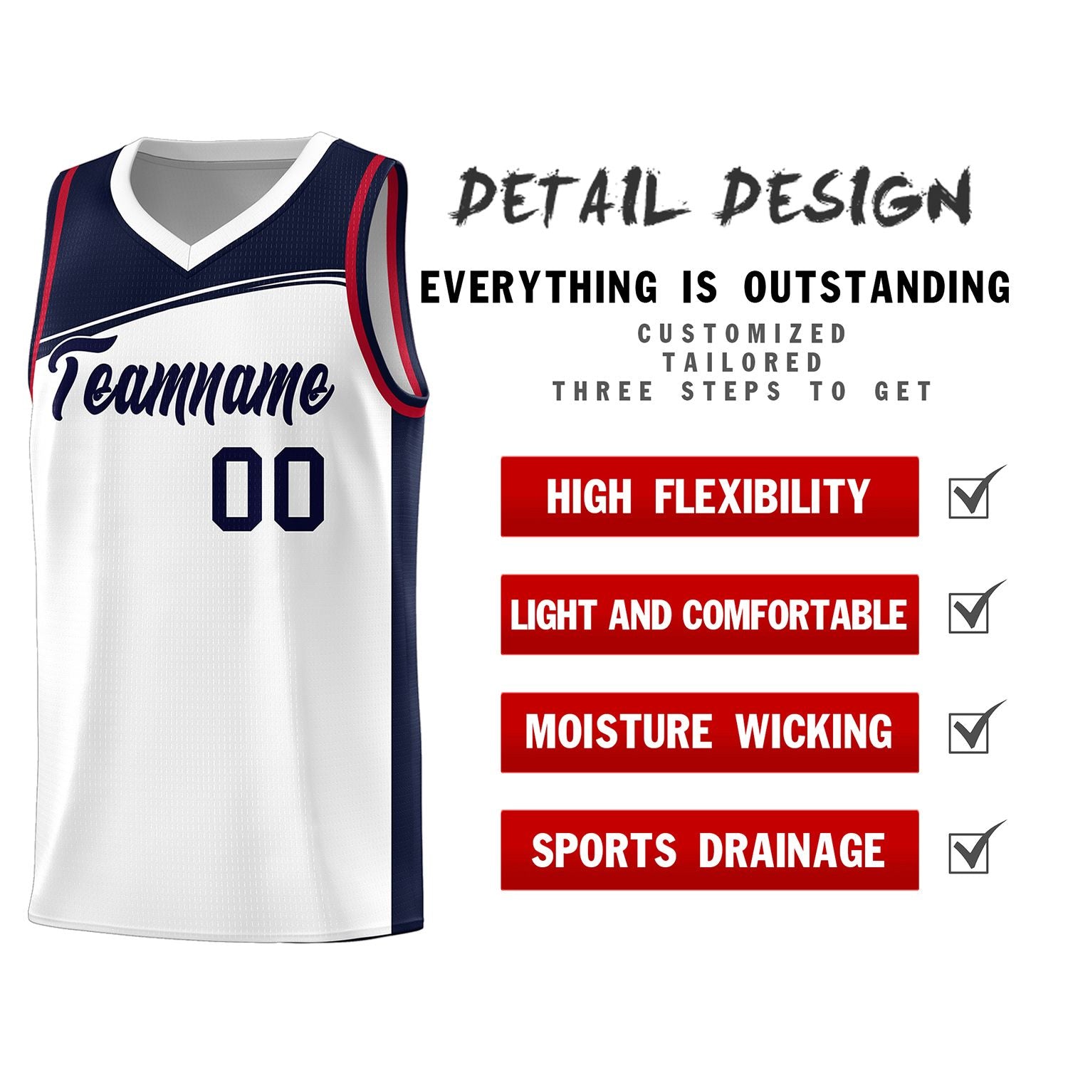 Custom White Navy Color Block Sports Uniform Basketball Jersey