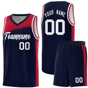 Custom Navy Red-White Color Block Sports Uniform Basketball Jersey