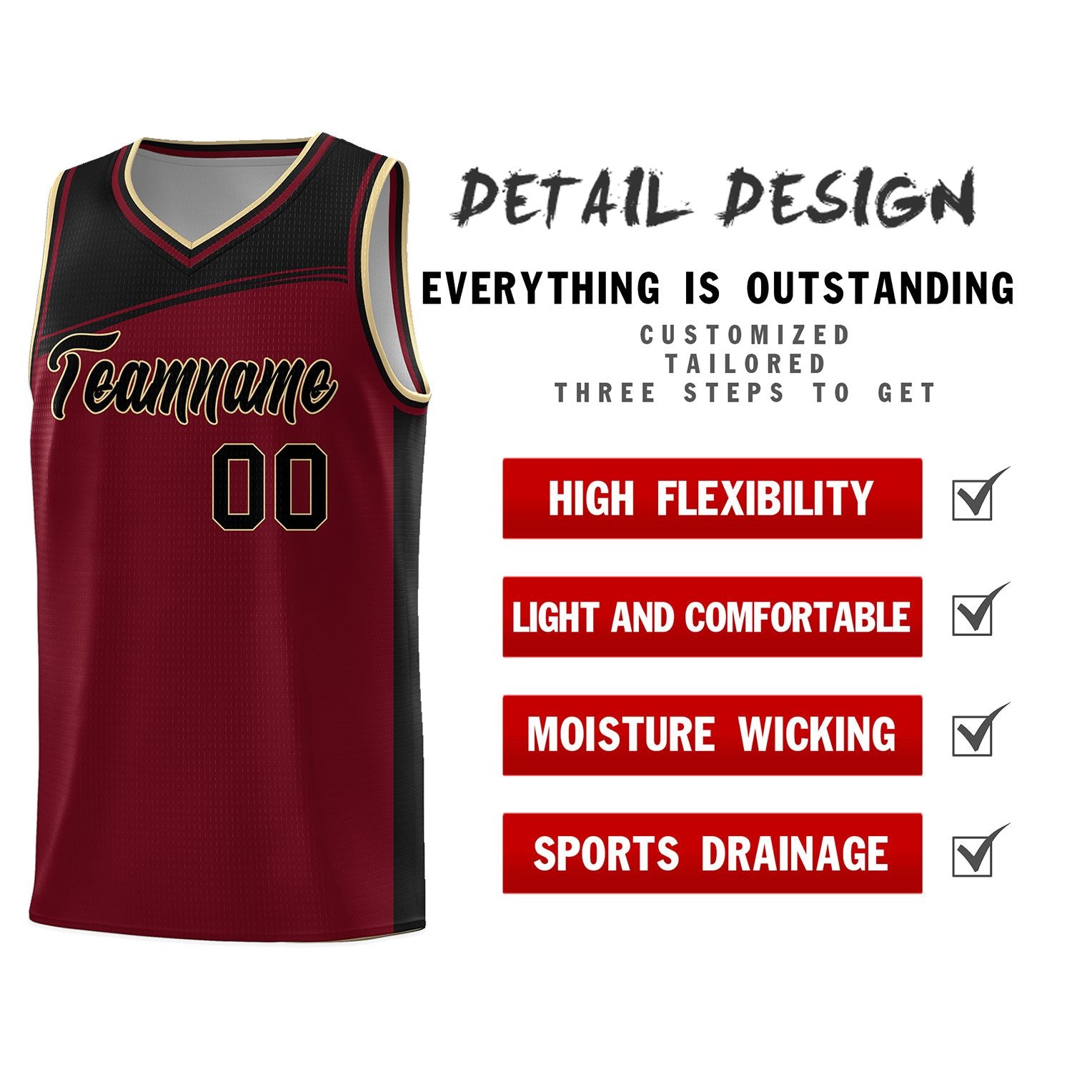 Custom Crimson Black Color Block Sports Uniform Basketball Jersey