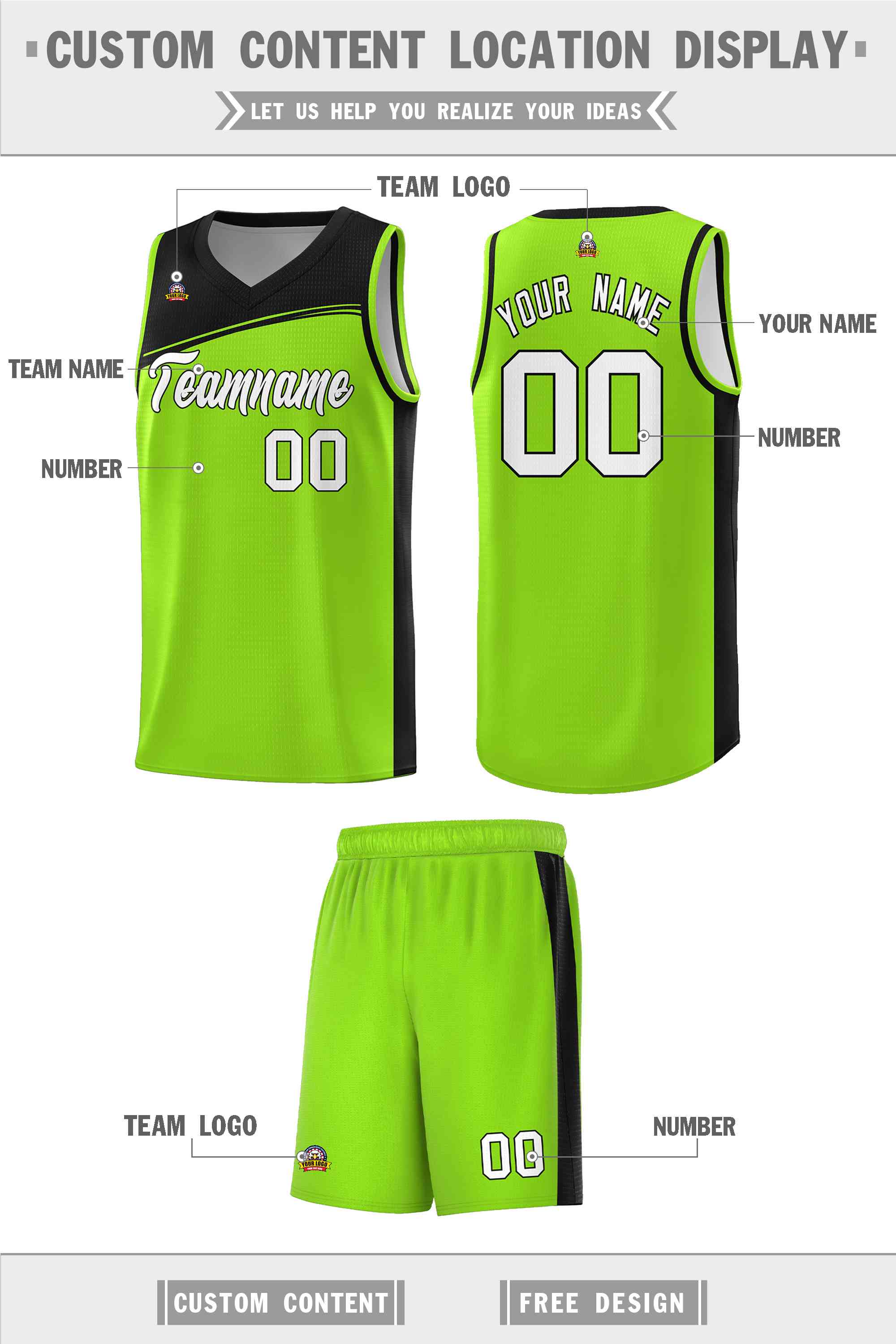 Custom Neon Green Black-White Color Block Sports Uniform Basketball Jersey