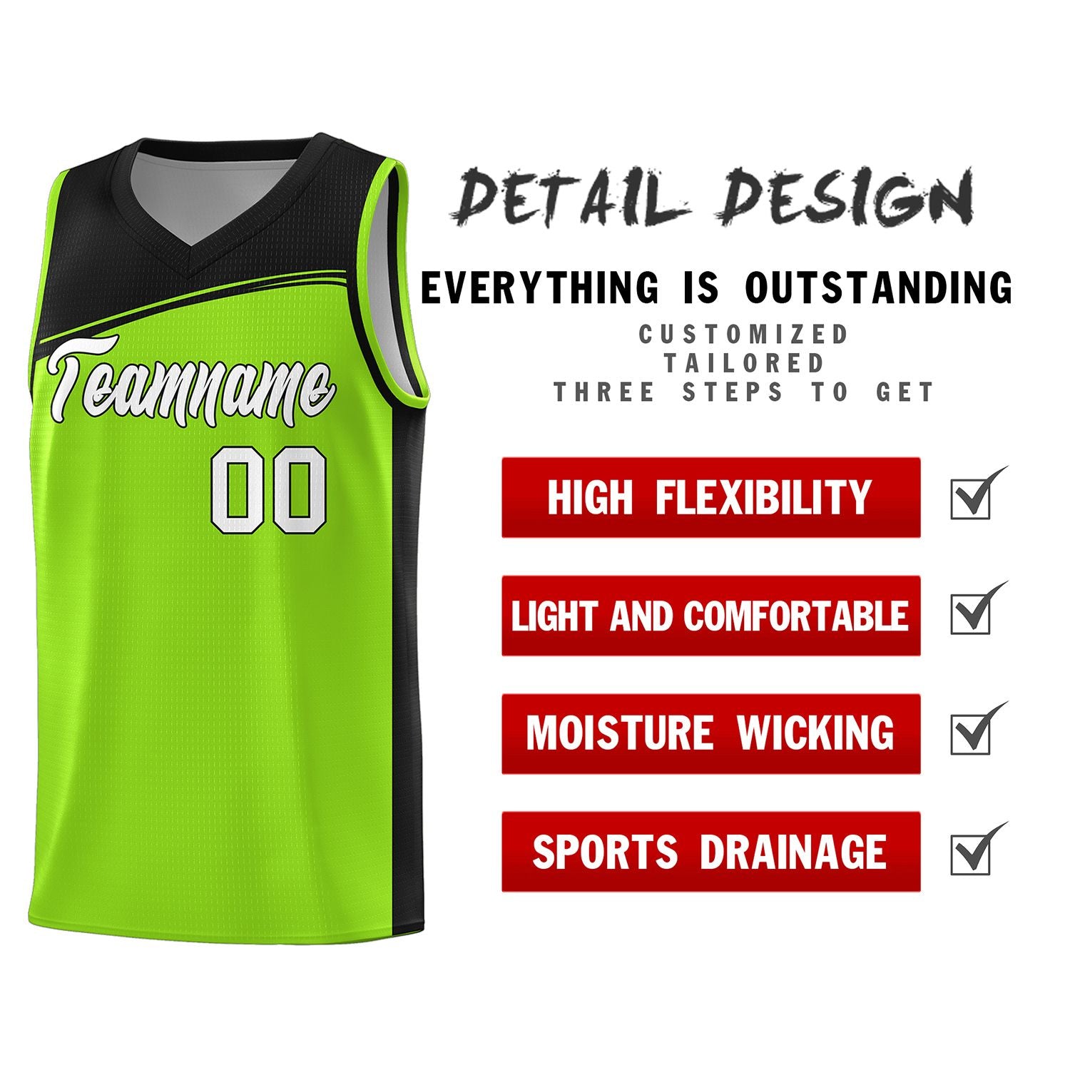 Custom Neon Green Black-White Color Block Sports Uniform Basketball Jersey