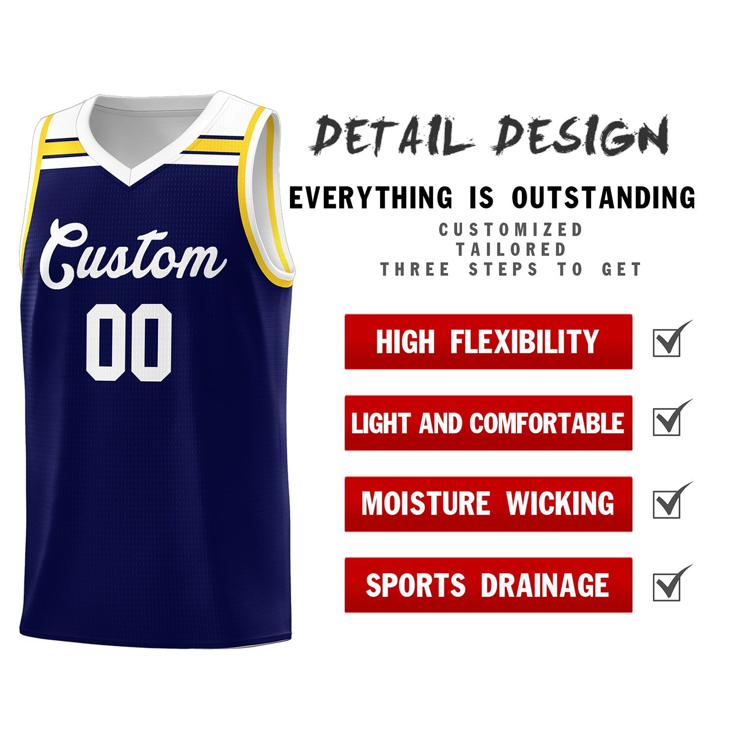 Custom Navy White-Gold Classic Sports Uniform Basketball Jersey