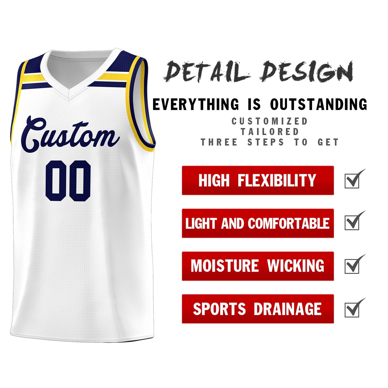 Custom White Navy-Gold Classic Sports Uniform Basketball Jersey