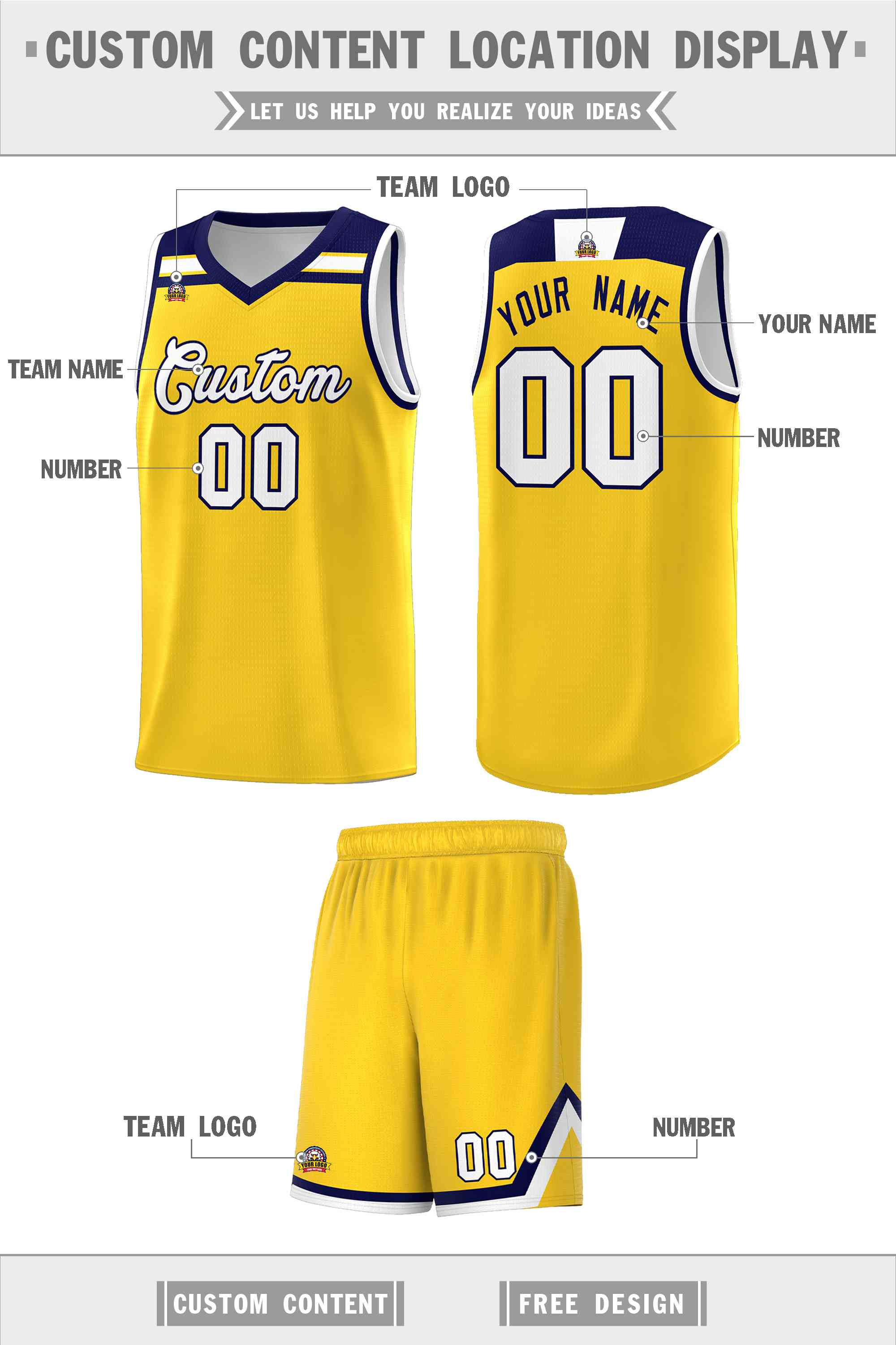 Custom Gold White-Navy Classic Sports Uniform Basketball Jersey