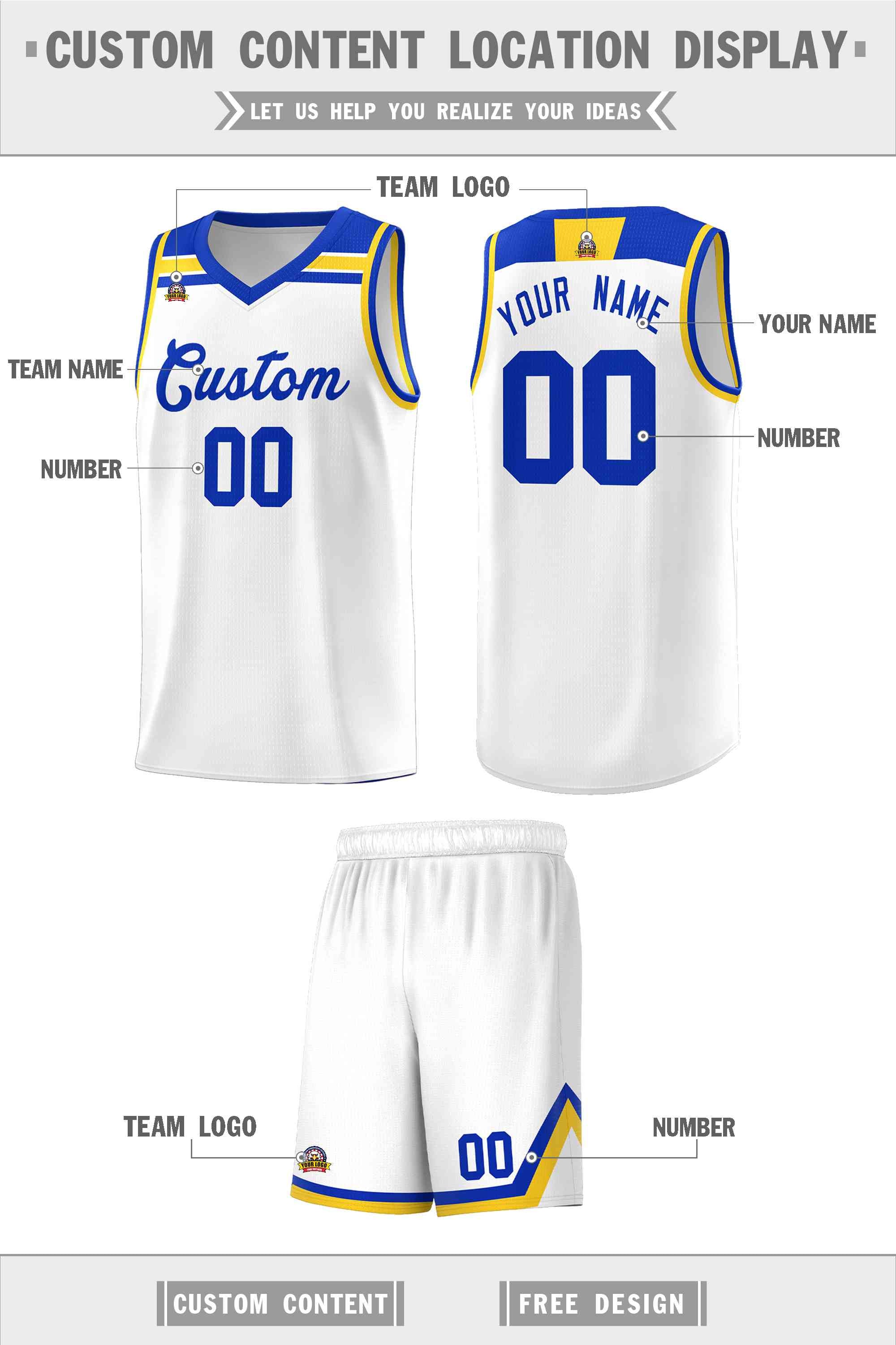 Custom White Royal-Gold Classic Sports Uniform Basketball Jersey