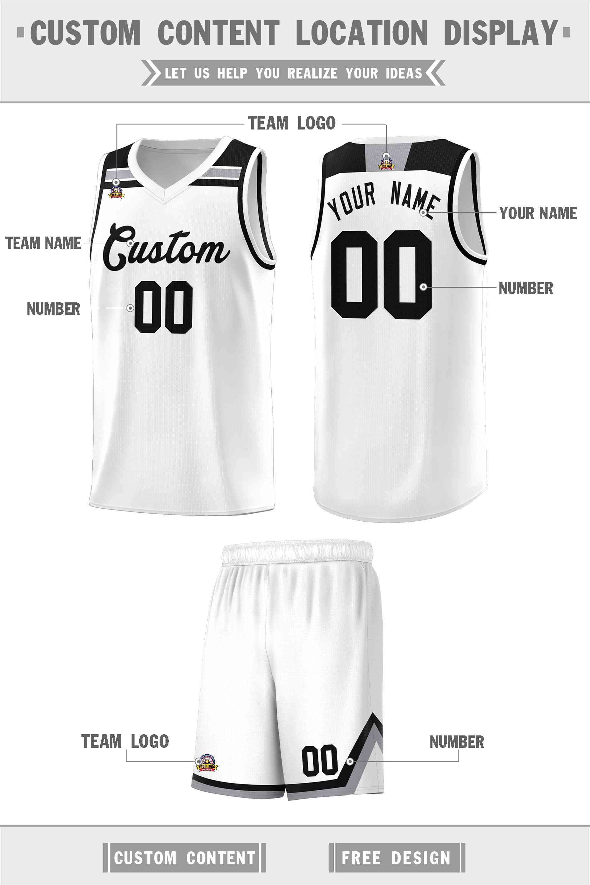 Custom White Black-Gray Classic Sports Uniform Basketball Jersey