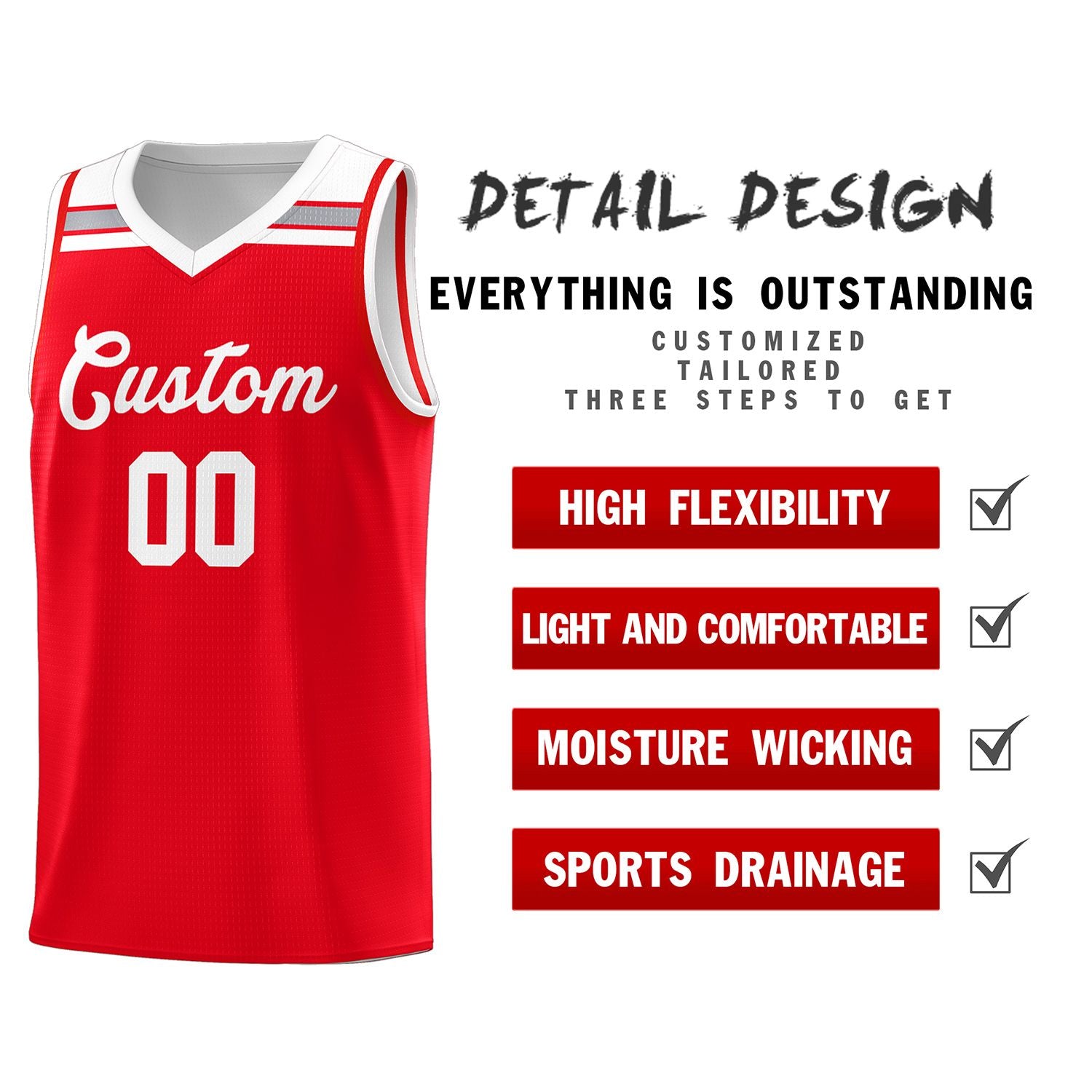 Custom Red White-Gray Classic Sports Uniform Basketball Jersey