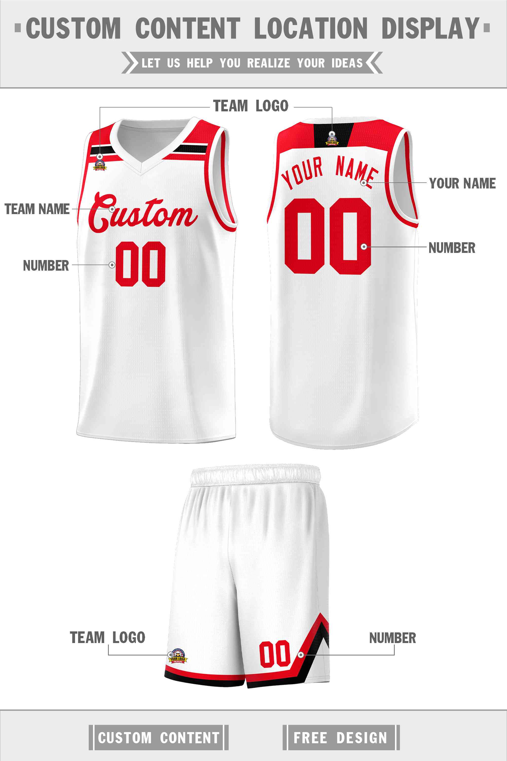 Custom White Red-Black Classic Sports Uniform Basketball Jersey