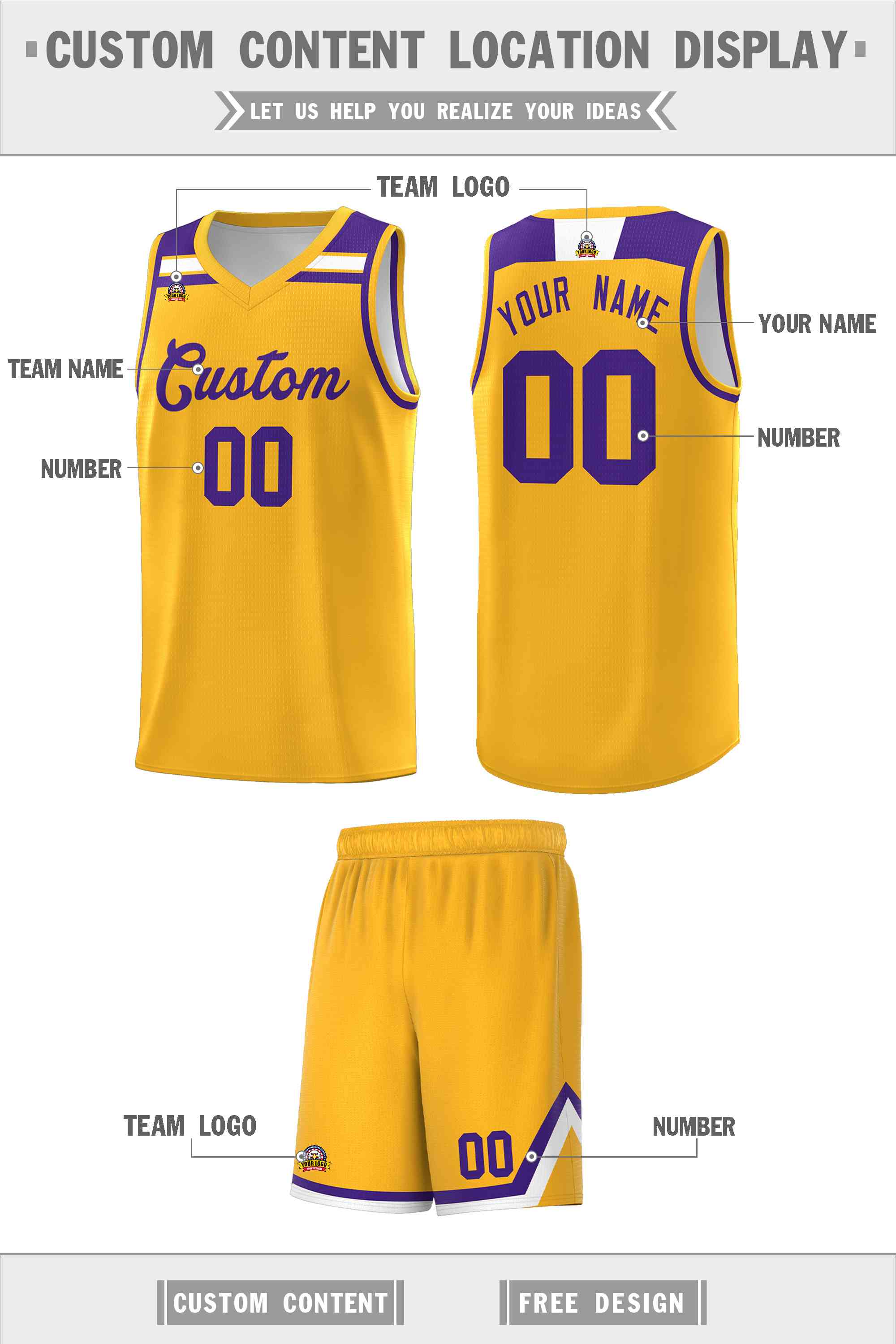 Custom Gold Purple-White Classic Sports Uniform Basketball Jersey