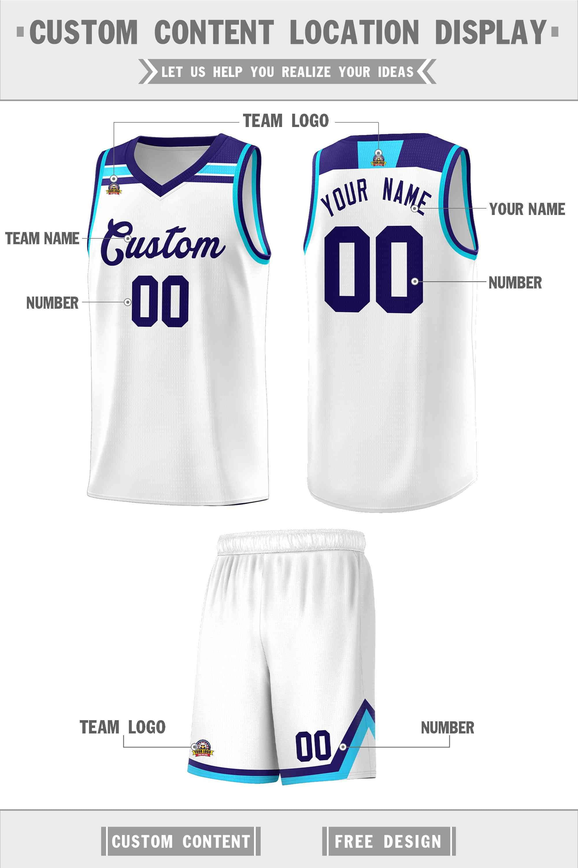 Custom White Purple-Sky Blue Classic Sports Uniform Basketball Jersey