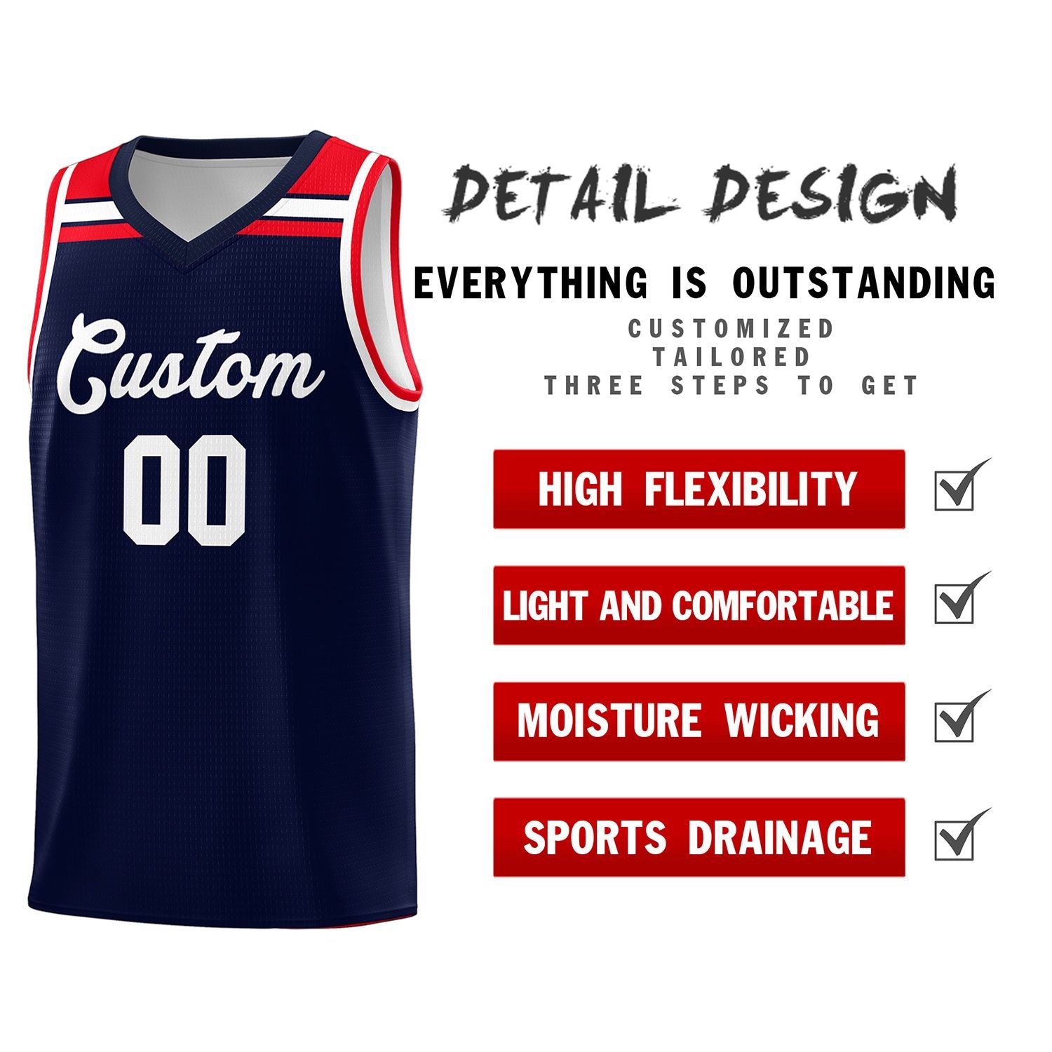 Custom Navy White-Red Classic Sports Uniform Basketball Jersey