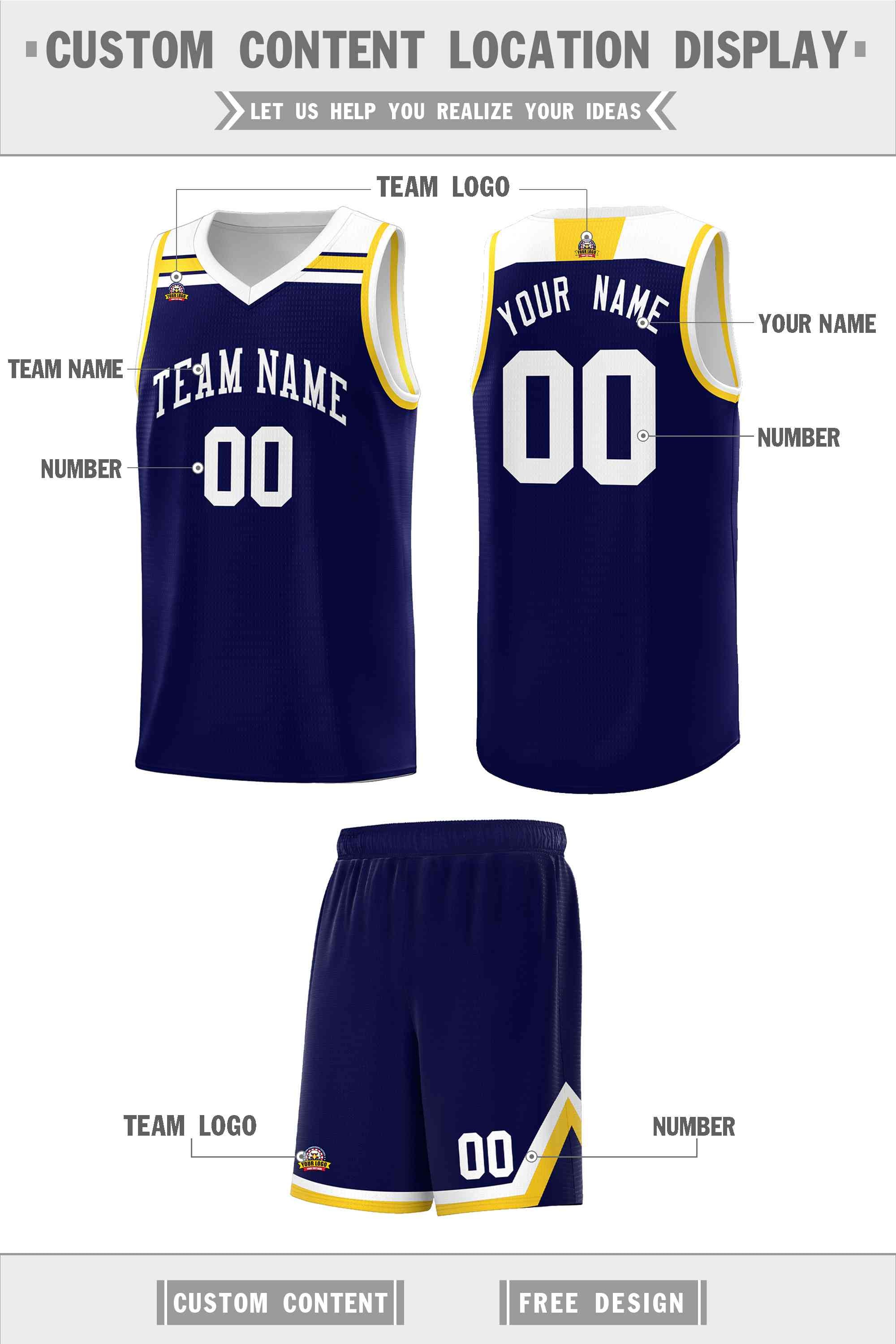 Custom Navy White-Gold Classic Sports Uniform Basketball Jersey